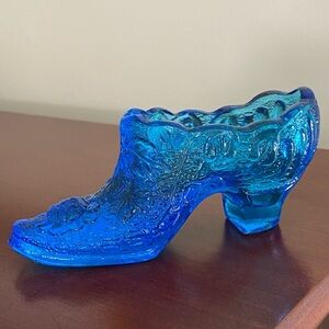 Vintage Vibrant Blue Glass Shoe Cabbage Rose By Kanawha Glass Co.